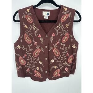Vintage Vest Womens Small Brown Embroidered Earthy Forest Floral Boho Cottage